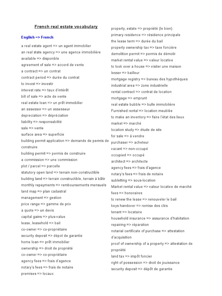 French Real Estate Vocabulary Words List PDF PDF Law And Economics
