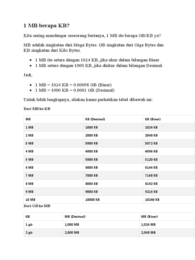 1 Mb Berapa Kb