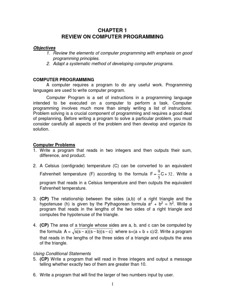 Review On Computer Programming: Objectives | PDF | Matrix (Mathematics ...