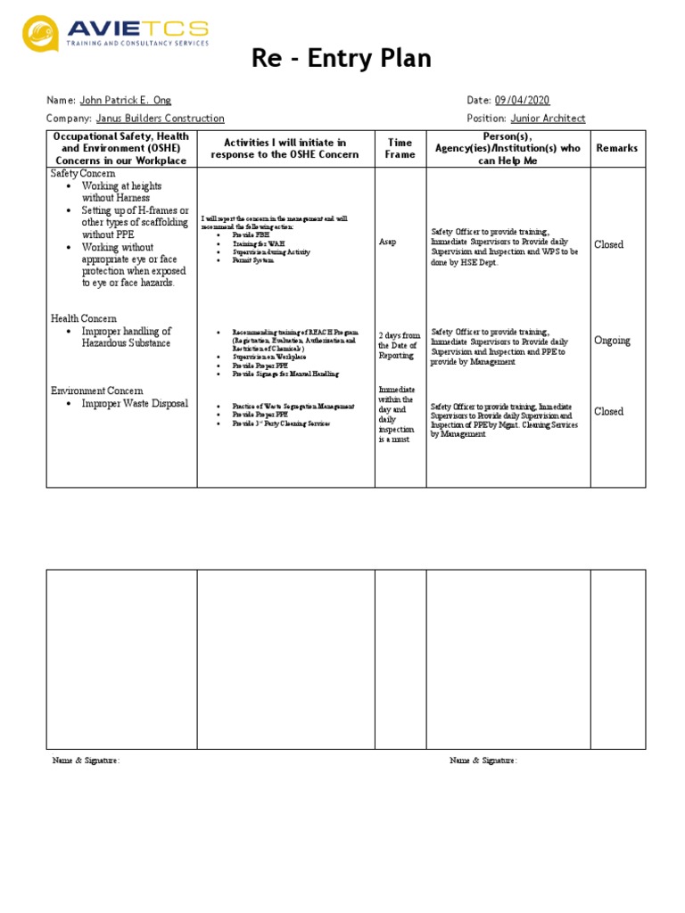 OSHE Re-Entry Action Plan | PDF | Personal Protective Equipment ...