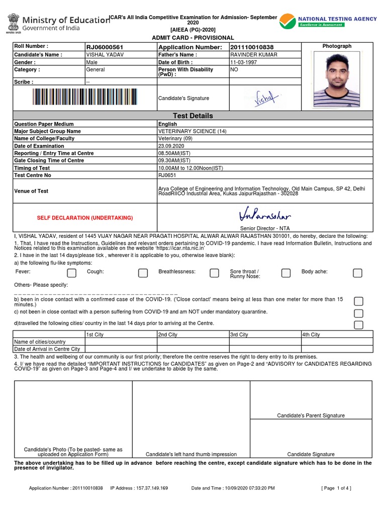Application Number in ICAR Admit Card | PDF | Identity Document | Test ...