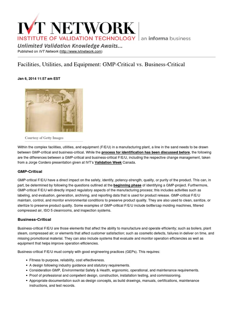 IVT Network Facilities, Utilities, and Equipment GMPCritical vs. BusinessCritical 2014