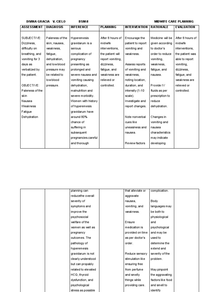 Midwife Care Plan PDF Nausea Human Diseases And Disorders