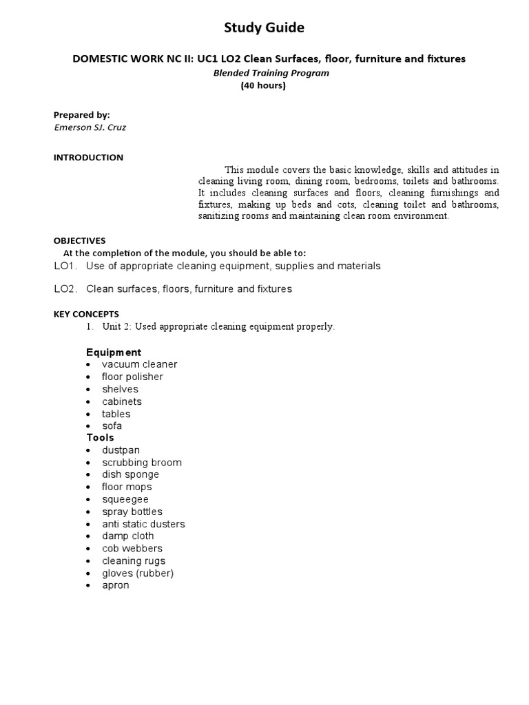 Study Guide DOMESTIC WORK NC II UC1 LO2 Clean Surfaces, Floor