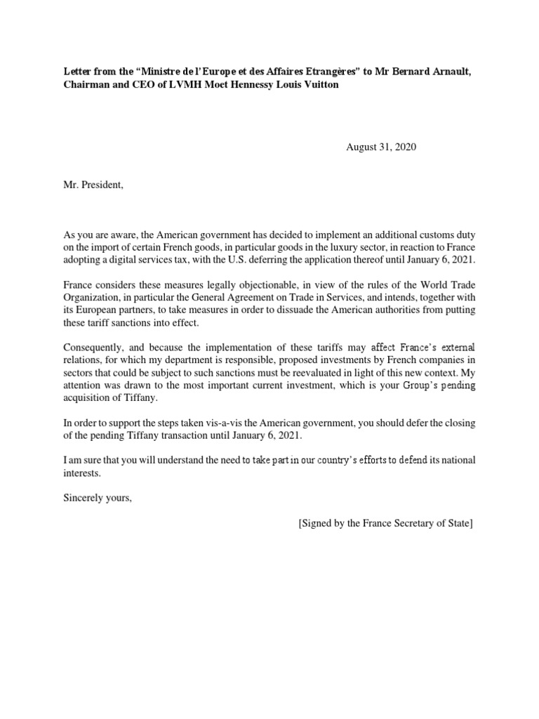 Letter Bernard Arnault Quai D'orsay