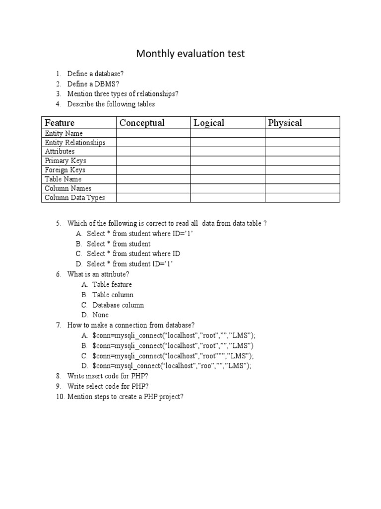 Monthly Database Evaluation Test | PDF