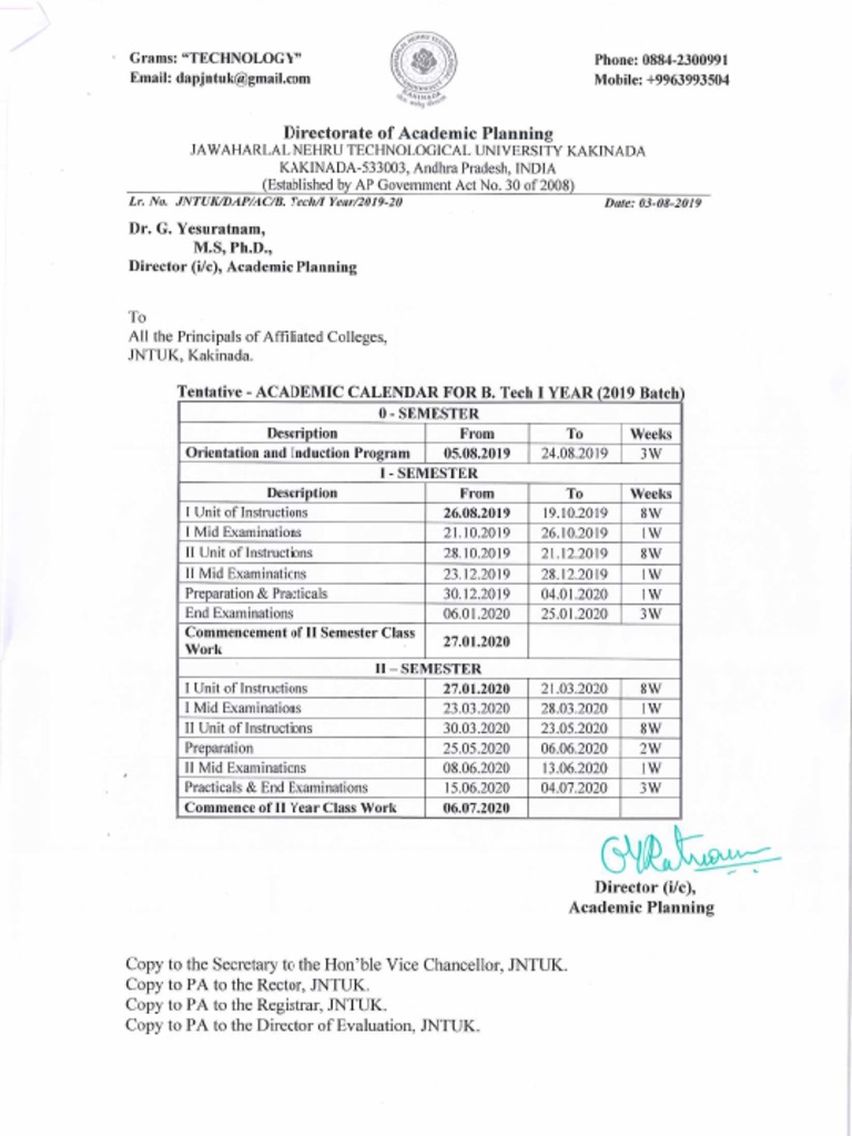JNTUK Academic Calendar - 2019-20 | PDF