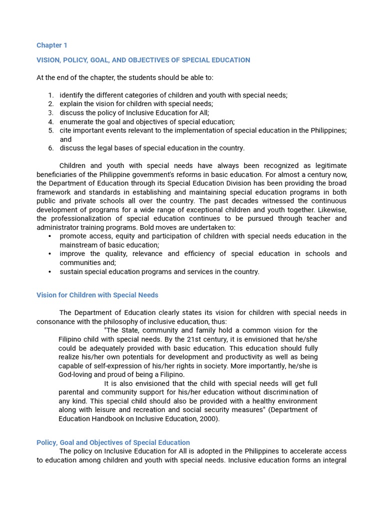 Chapter 1 Vision, Policy, Goal, and Objectives Special Education
