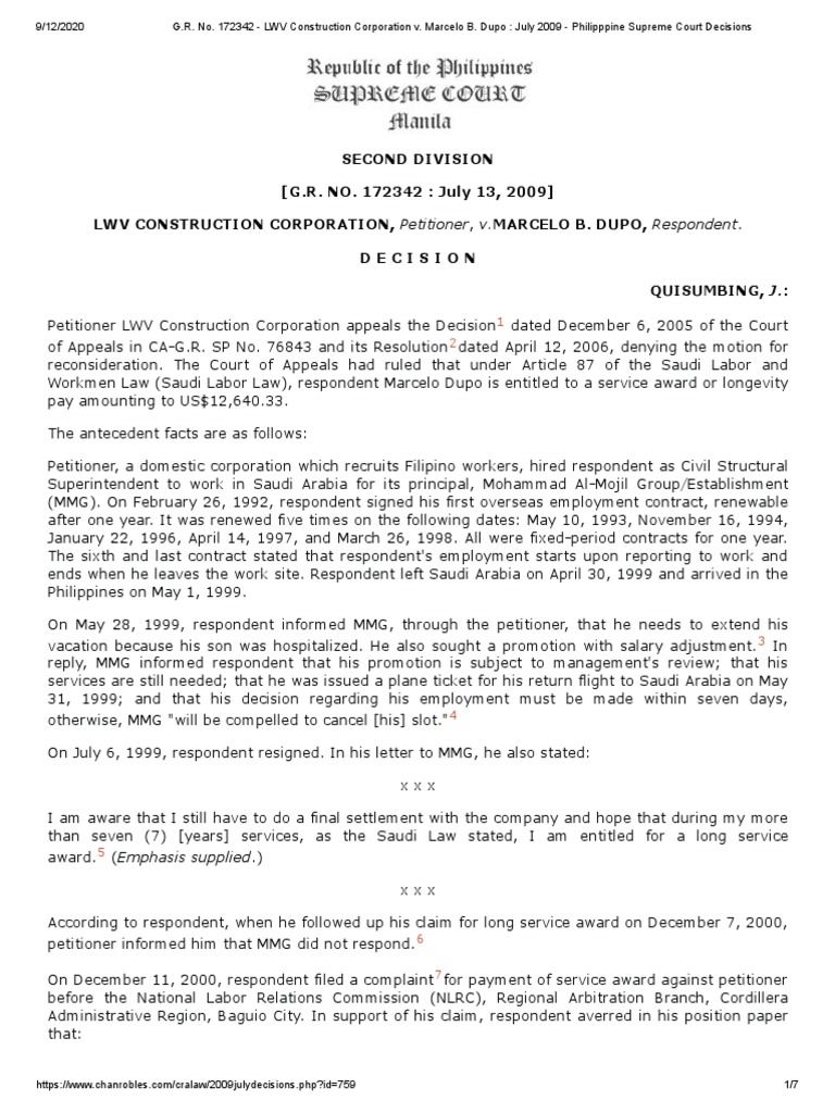 G.R. No. 172342 LWV Construction Corporation v. Marcelo B. Dupo July 2009 Philipppine
