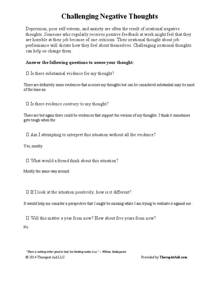 Challenging Negative Thoughts: Answer The Following Questions To Assess  Your Thought | PDF