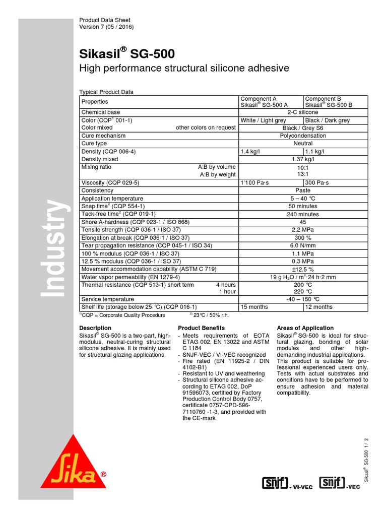 Sikasil SG-500: High Performance Structural Silicone Adhesive | PDF ...