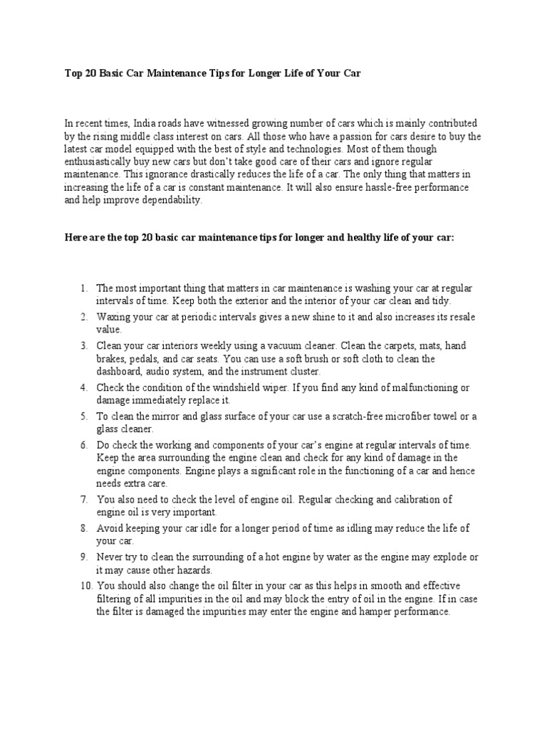 Top 20 Basic Car Maintenance Tips For Longer Life of Your Car | PDF ...