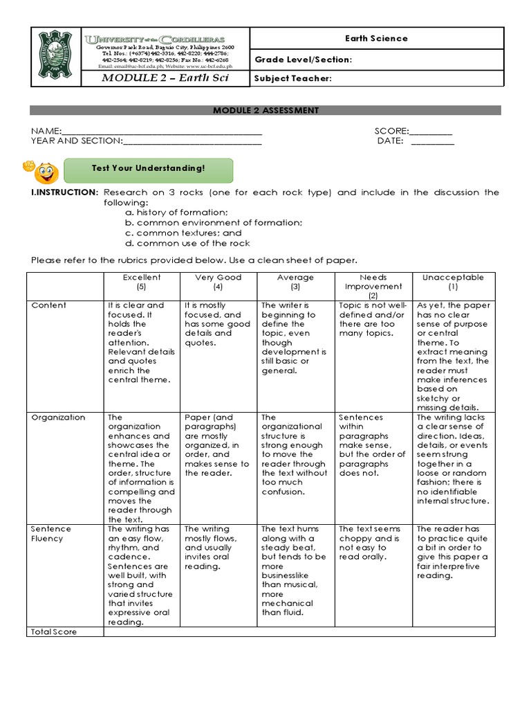 Earth Science Module 2 Assessment Guide | PDF | Rubric (Academic ...