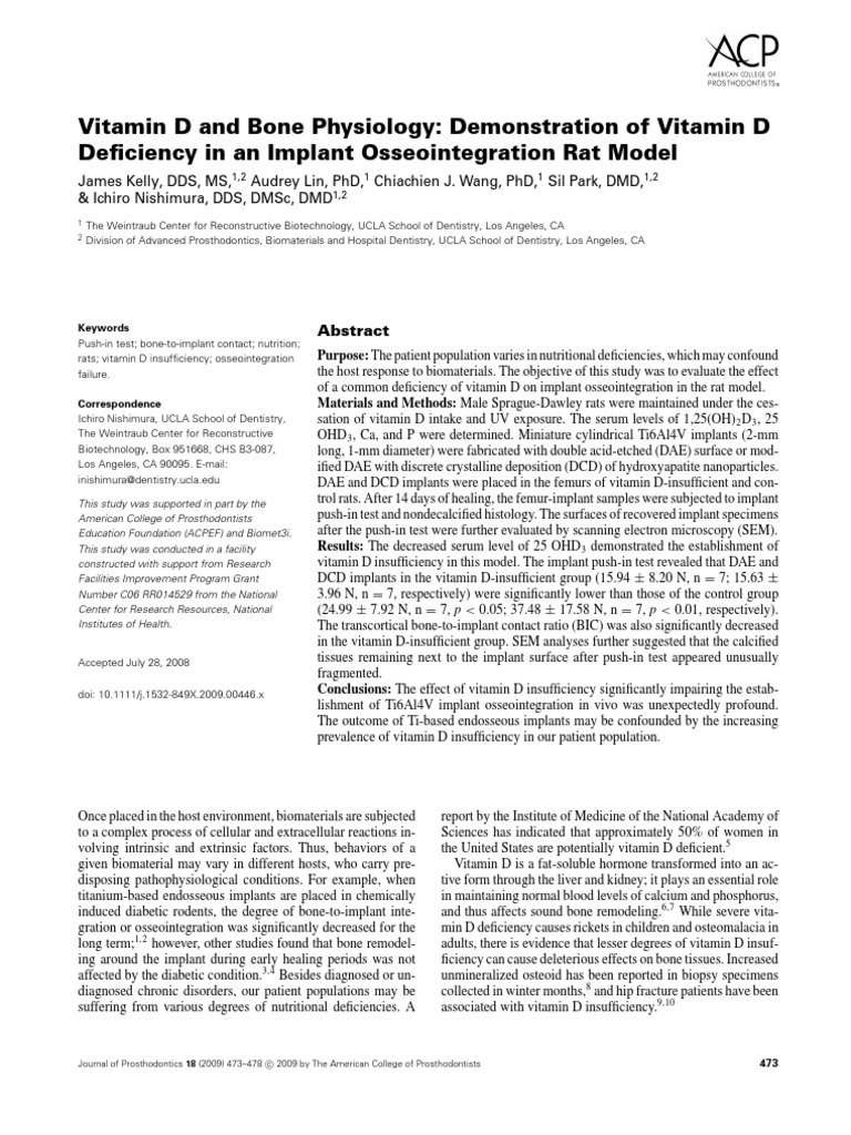 Vitamin D and Bone Physiology Demonstration of Vitamin D Deficiency in An Implant