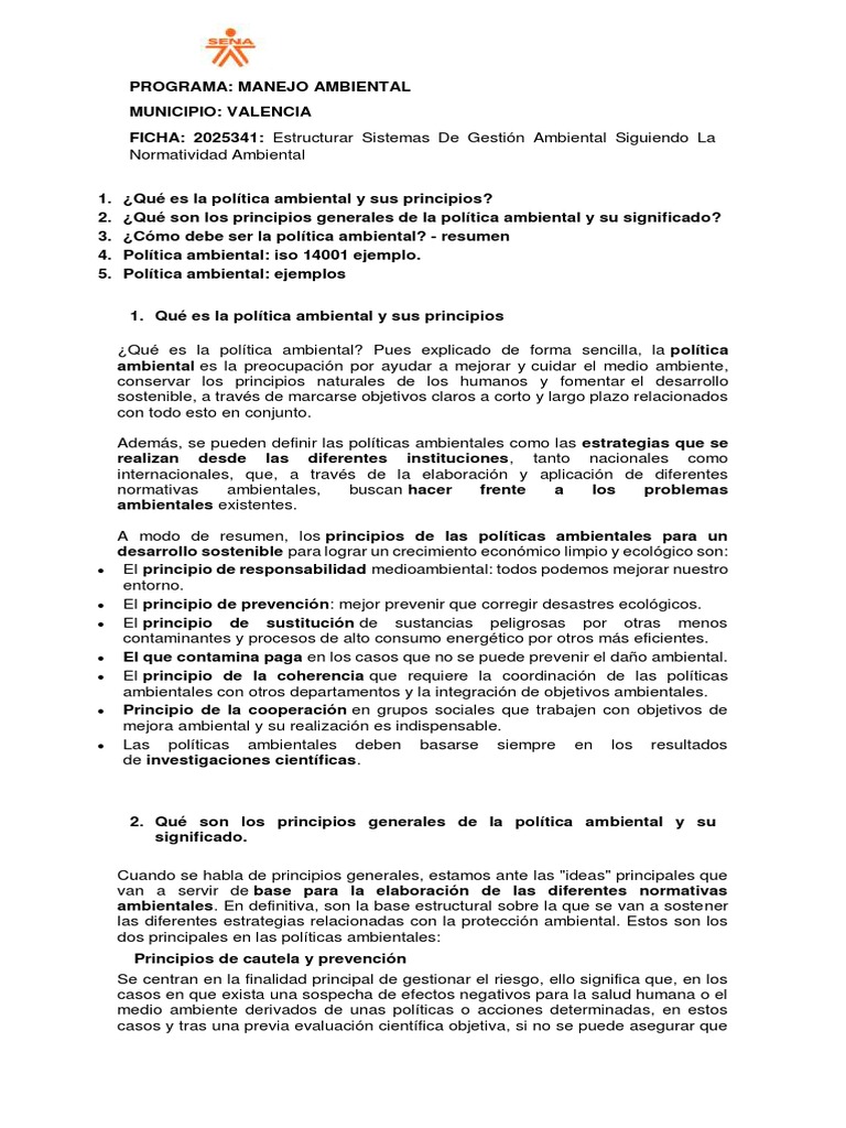 Política Ambiental y Principios ISO 14001 | PDF | Política de medio ...