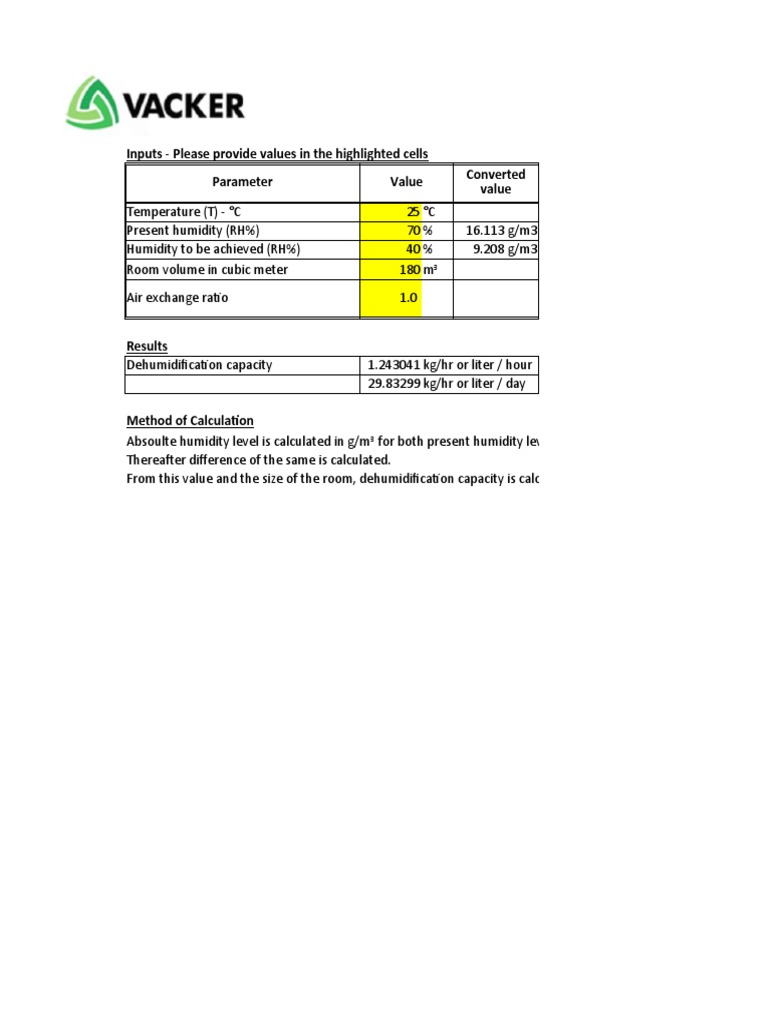 Excel Sheet For Dehumidifier Calculation Rev1 | PDF