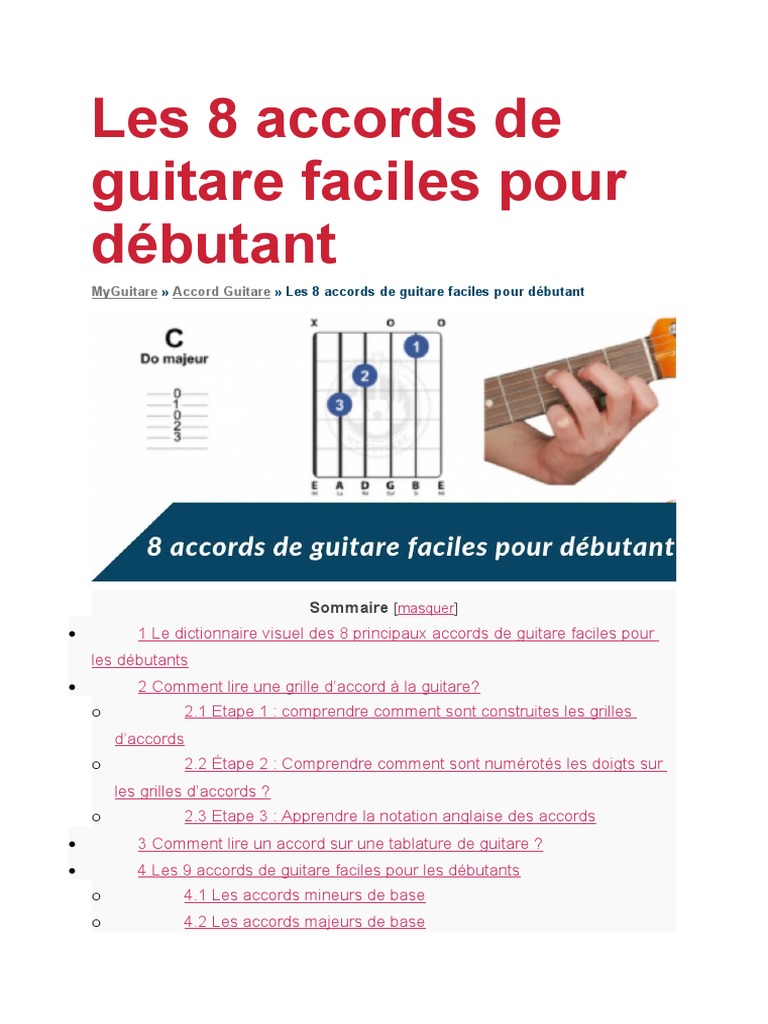 Les 8 Accords de Guitare Faciles Pour Débutant, PDF