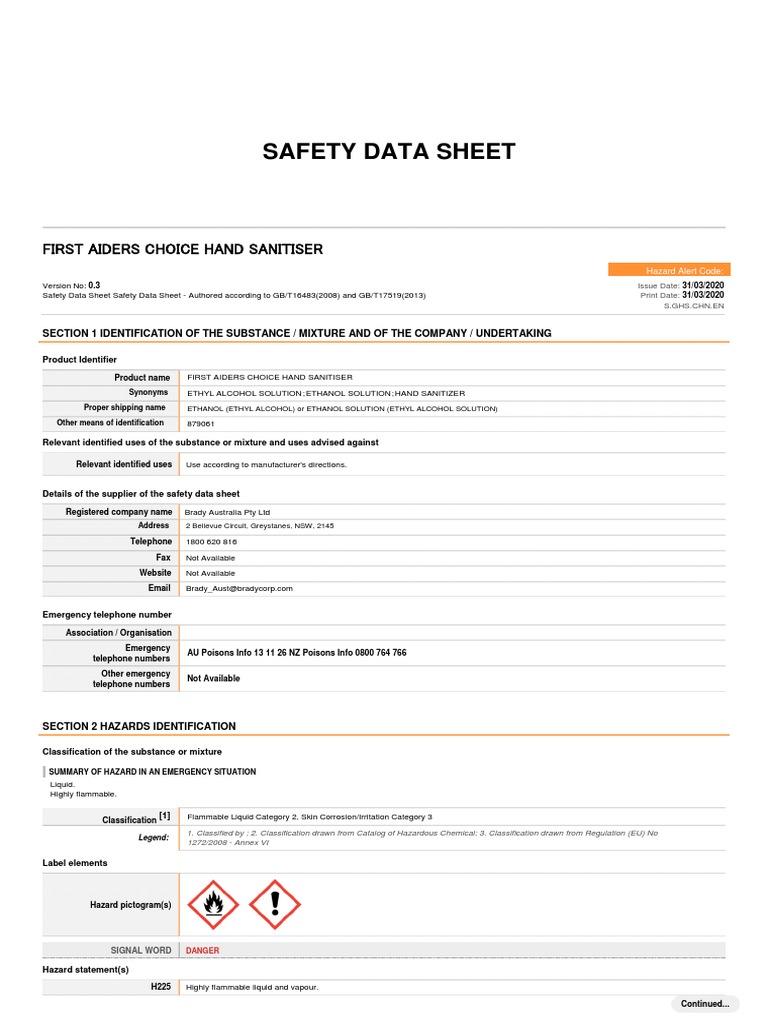 First Aiders Choice Hand Sanitiser SDS PDF Fires Chemistry