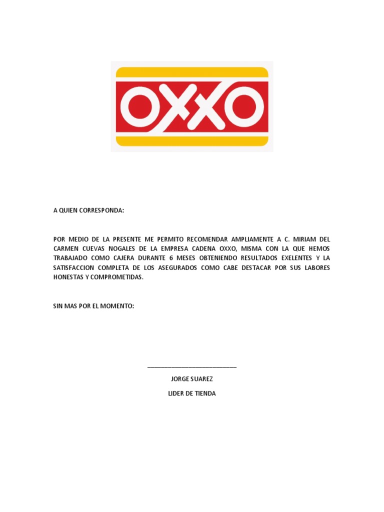 Carta De Recomendacion Oxxo Pdf
