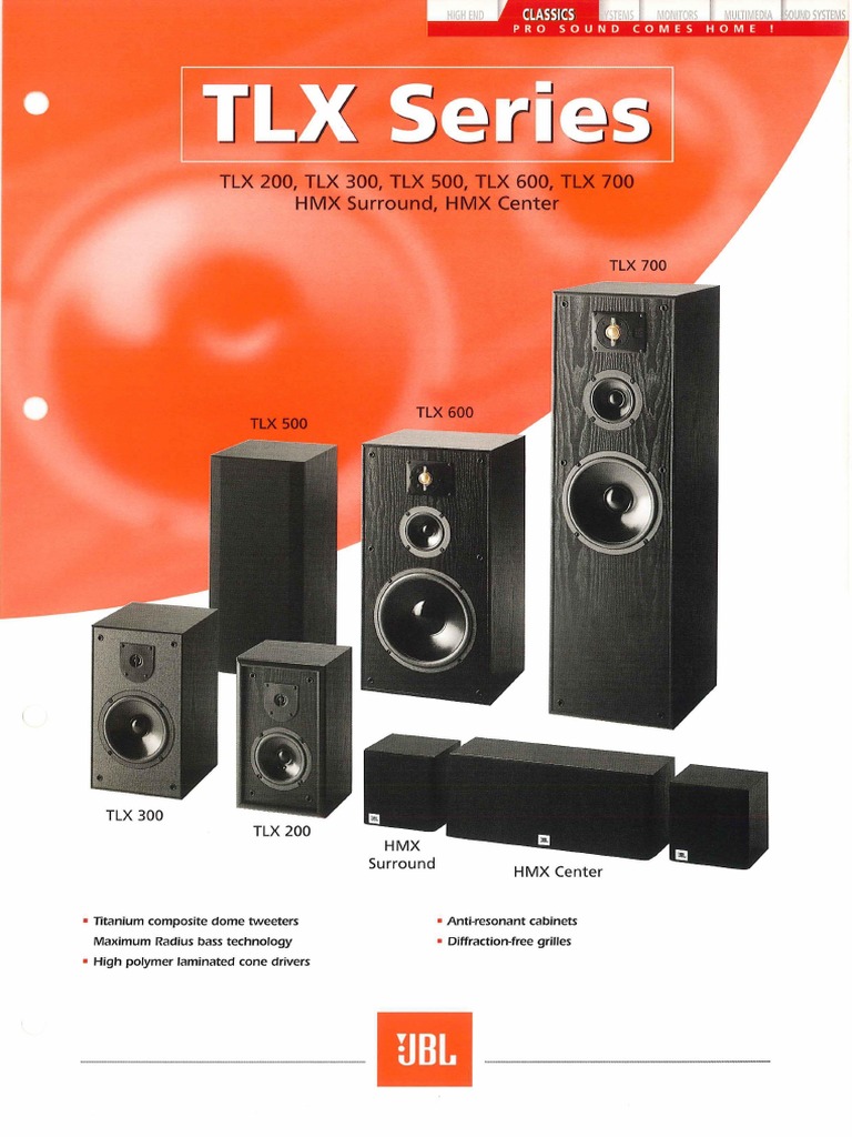 alligevel vakuum Hjelm JBL - TLX Series (TLX200, TLX300, TLX500, TLX600, TLX700, HMX Surround, HMX  Center) - Depliant (English) (2000) | PDF | Loudspeaker | Hertz
