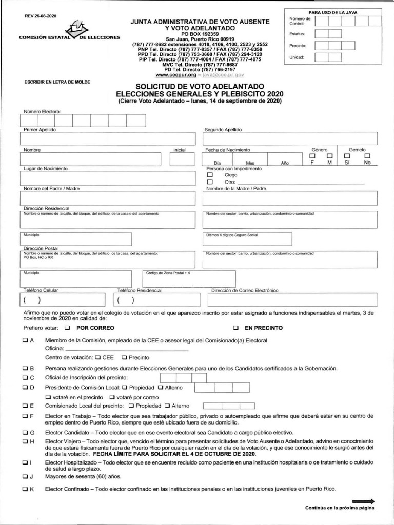 Solicitud de Voto Adelantado y Voto en El Domicilio Ley politica