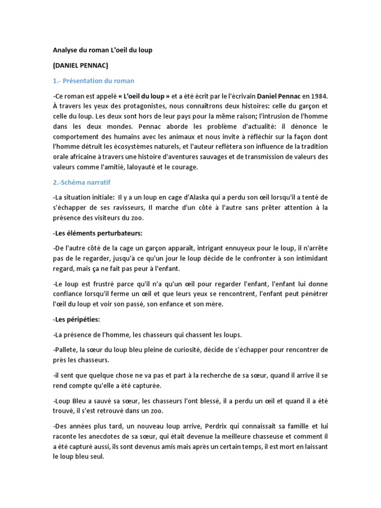 L Oeil Du Loup Pdf Complet Gratuit Analyse Du Roman L'oeil Du Loup | PDF | zoo | Romans