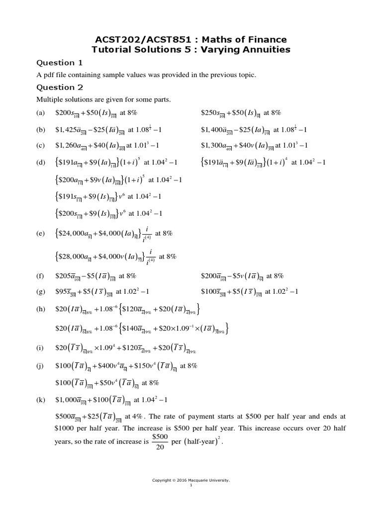 ACST202/ACST851: Maths of Finance Tutorial Solutions 5: Varying ...