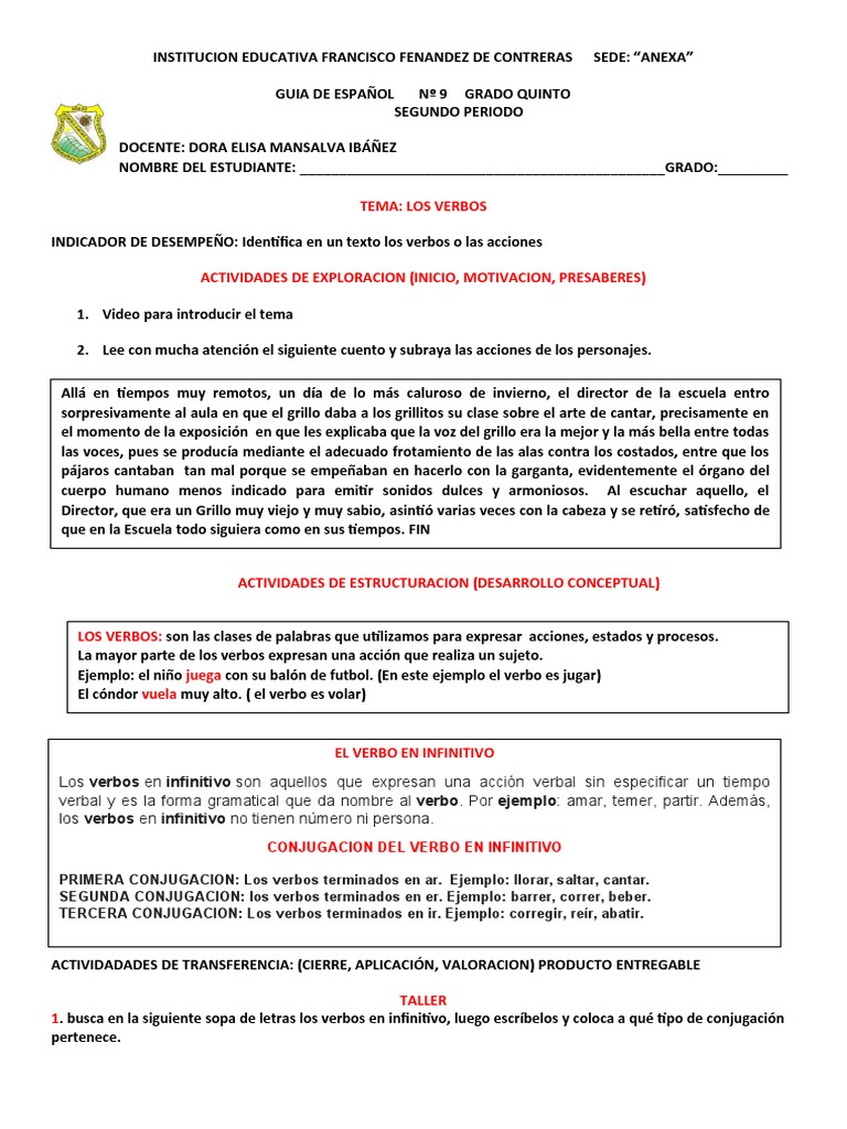 Guia 9 El Verbo Quinto Grado PDF Conjugación gramatical Verbo