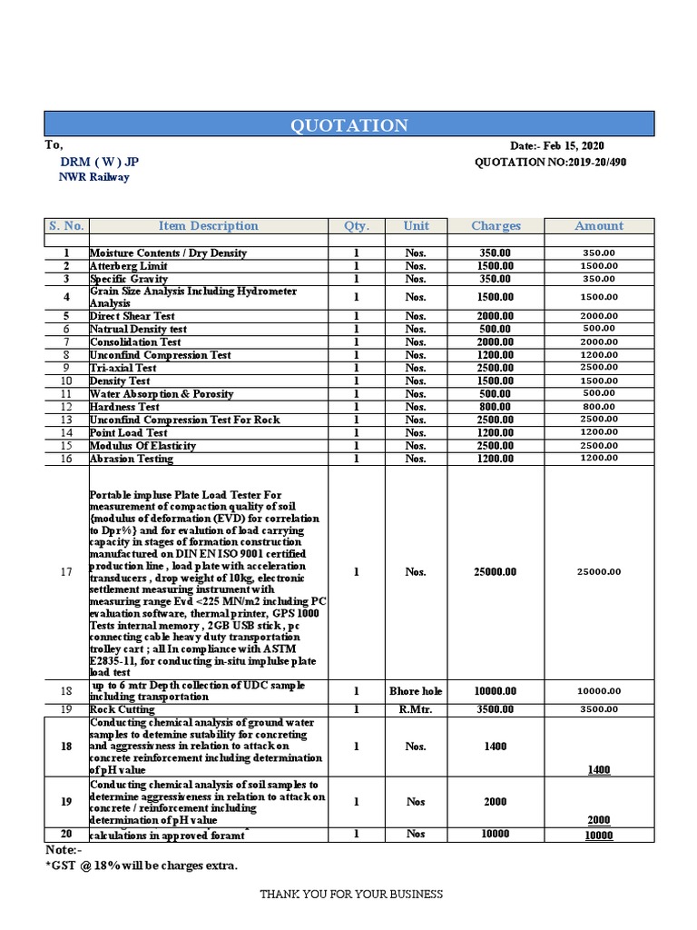 Soil and Rock Testing Quotation | PDF | Materials | Mechanical Engineering