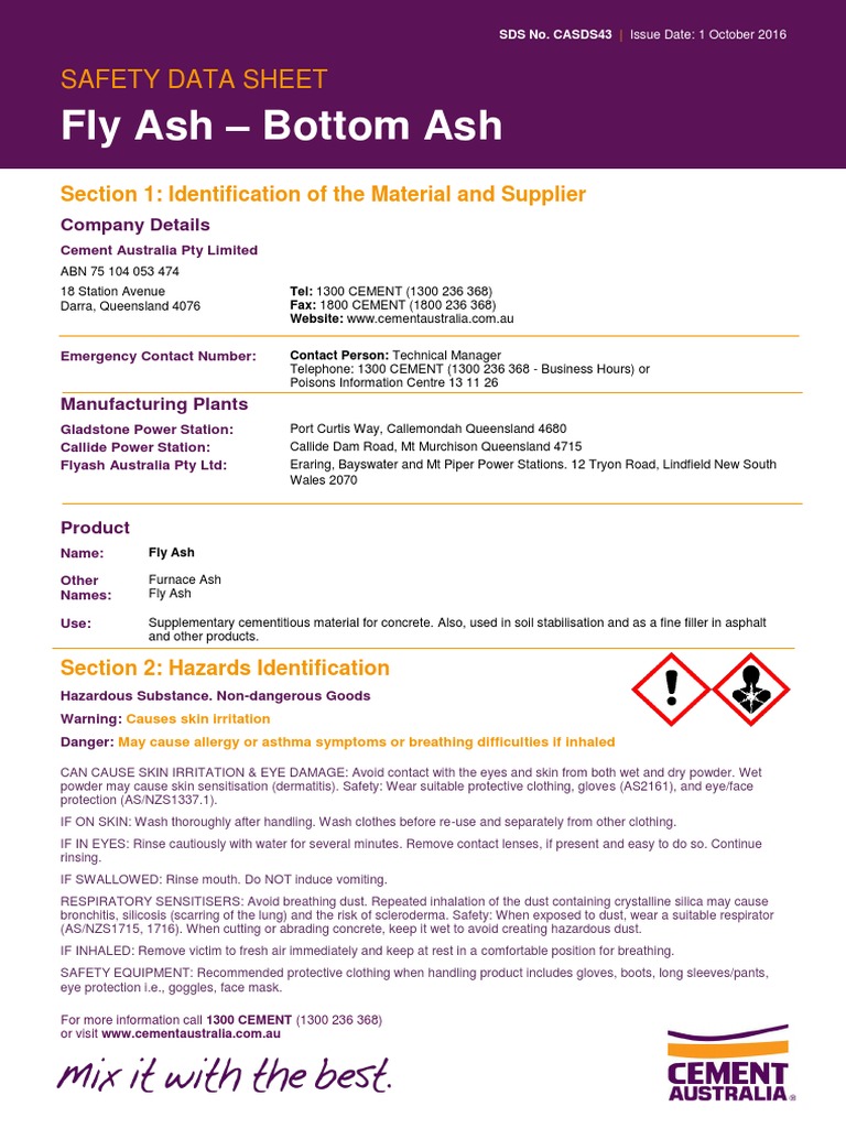 Fly Ash Bottom Ash Safety Data Sheet PDF Silicon Dioxide Dust