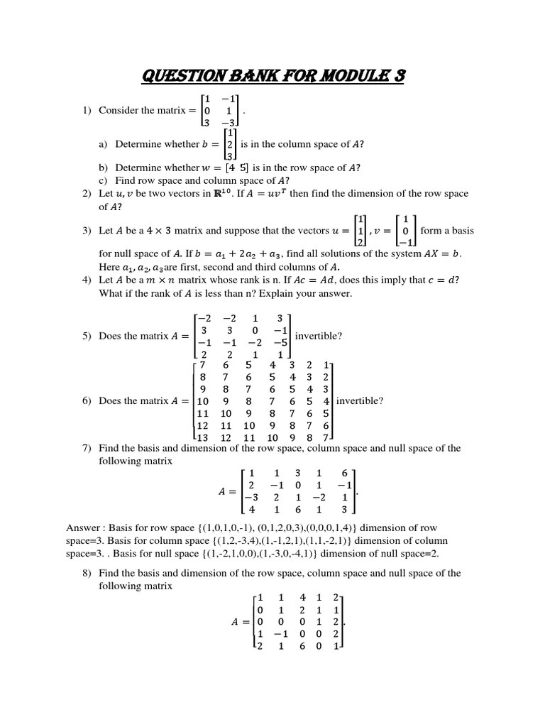 Linear Algebra Question Bank | PDF | Linear Algebra | Matrix Theory