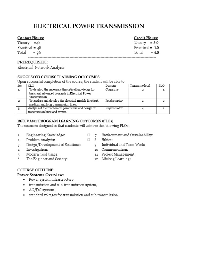 Electrical Power Transmission Course Outline | PDF | Electric Power ...