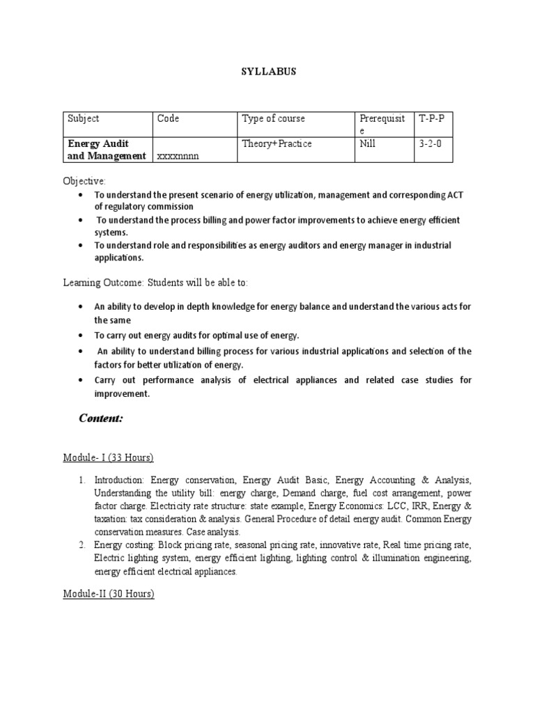 Energy Audit and Management Syllabus | PDF | Efficient Energy Use ...