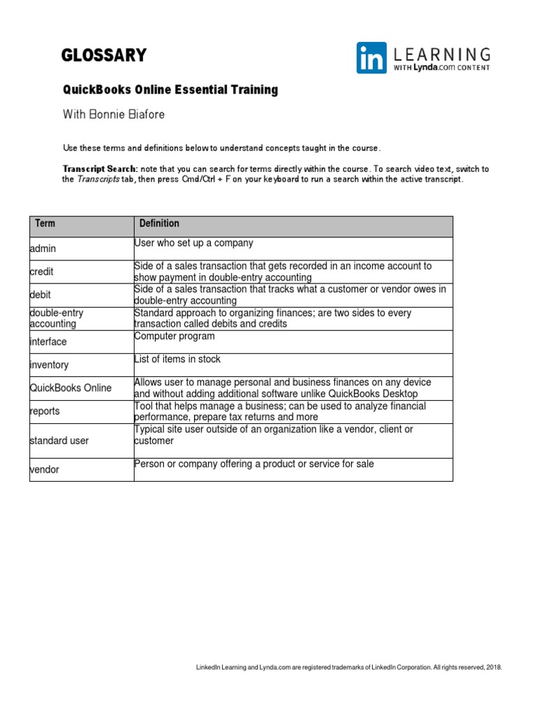 QuickBooks Online Training Glossary | PDF | Business | Finance & Money ...