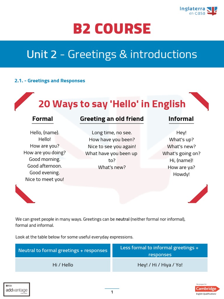 B2 Course: Unit 2 - Greetings & Introductions | PDF