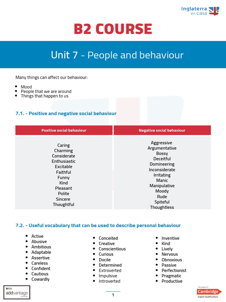 B2 Course: Unit 7 - People and Behaviour | PDF | Extraversion And ...