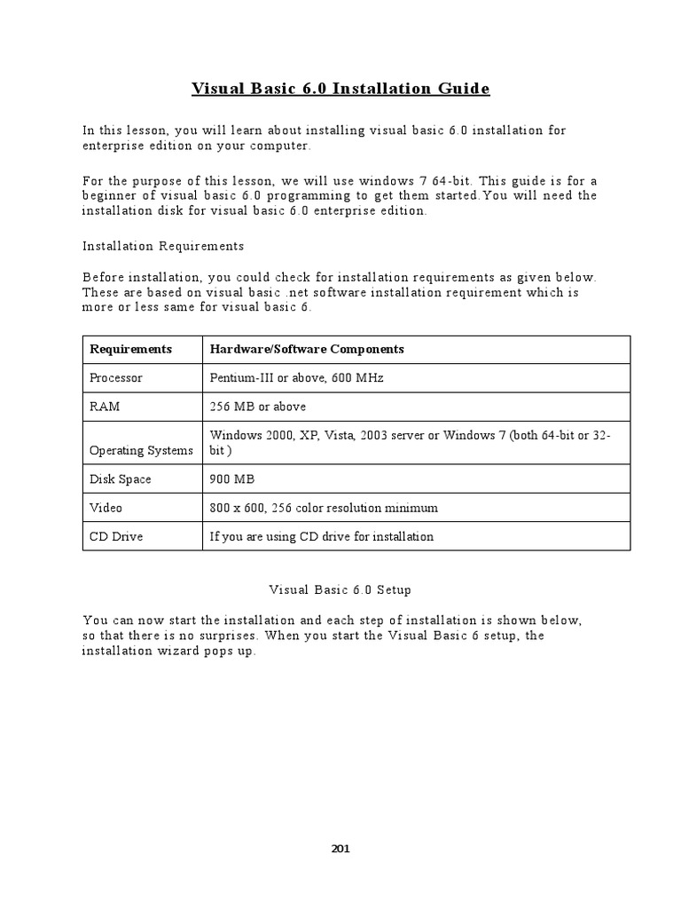 Visual Basic 6.0 Installation Guide: Requirements Hardware/Software ...