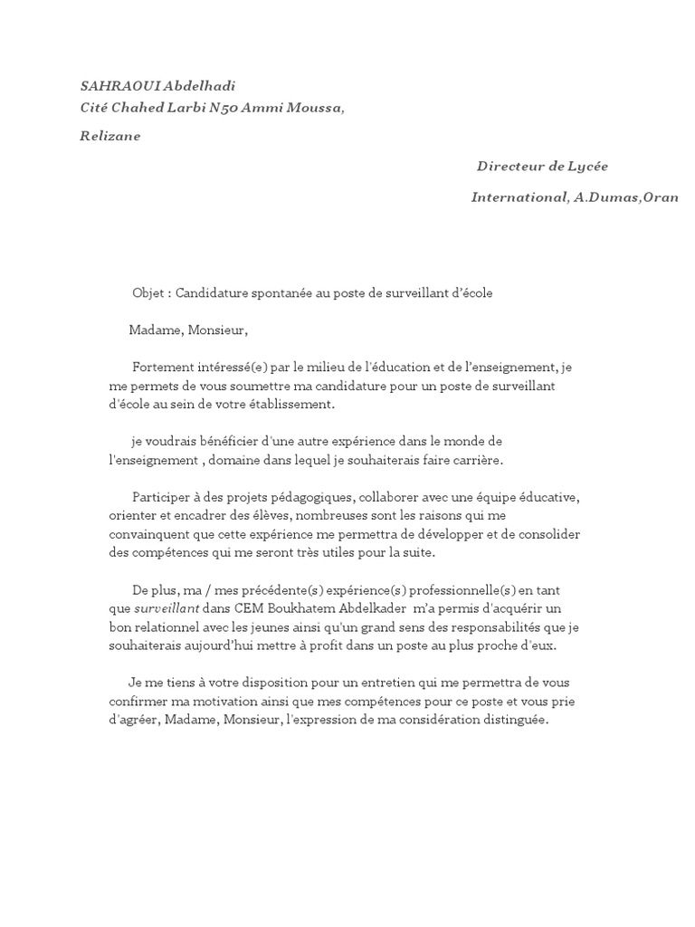 Exemple De Cv Pour Surveillant En Milieu Scolaire Lettre de Motivation | PDF