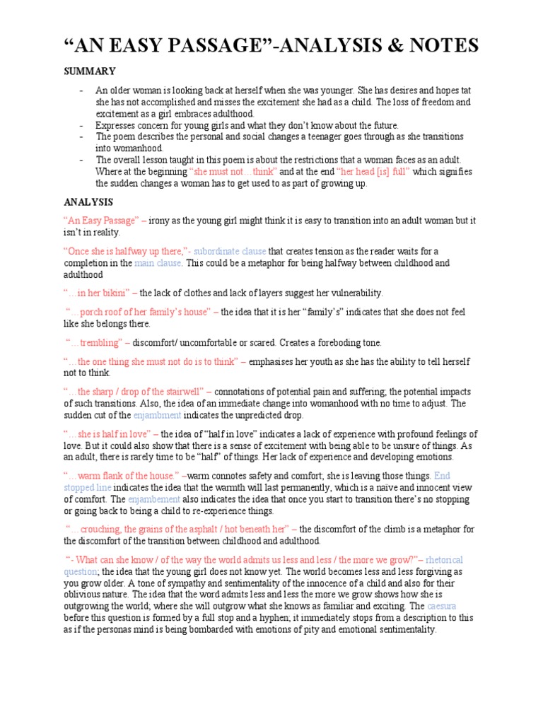 "An Easy Passage"-Analysis & Notes: Subordinate Clause Main Clause ...