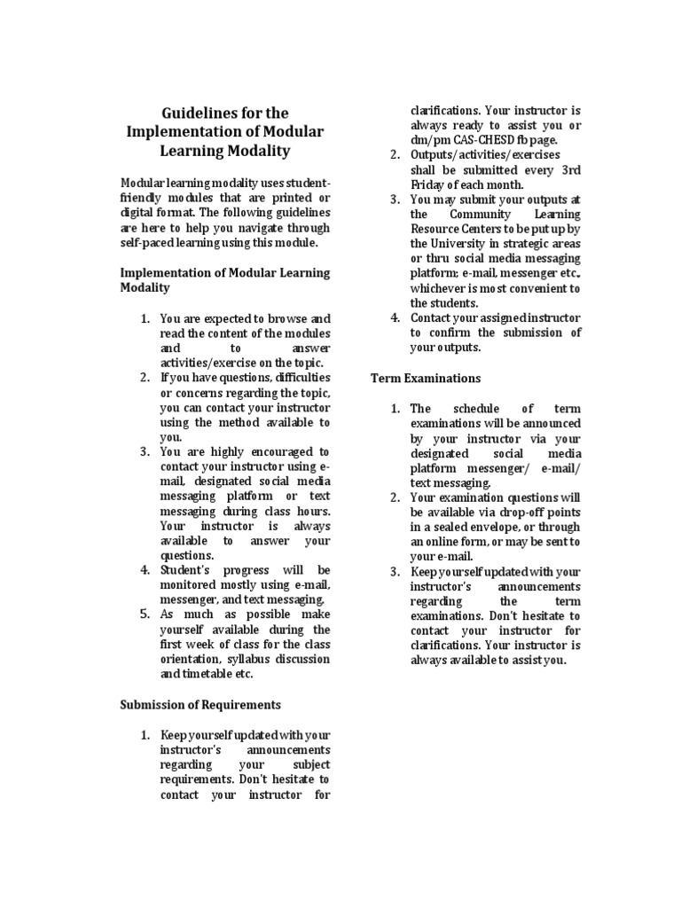 Guidelines For The Implementation of Modular Learning Modality PDF