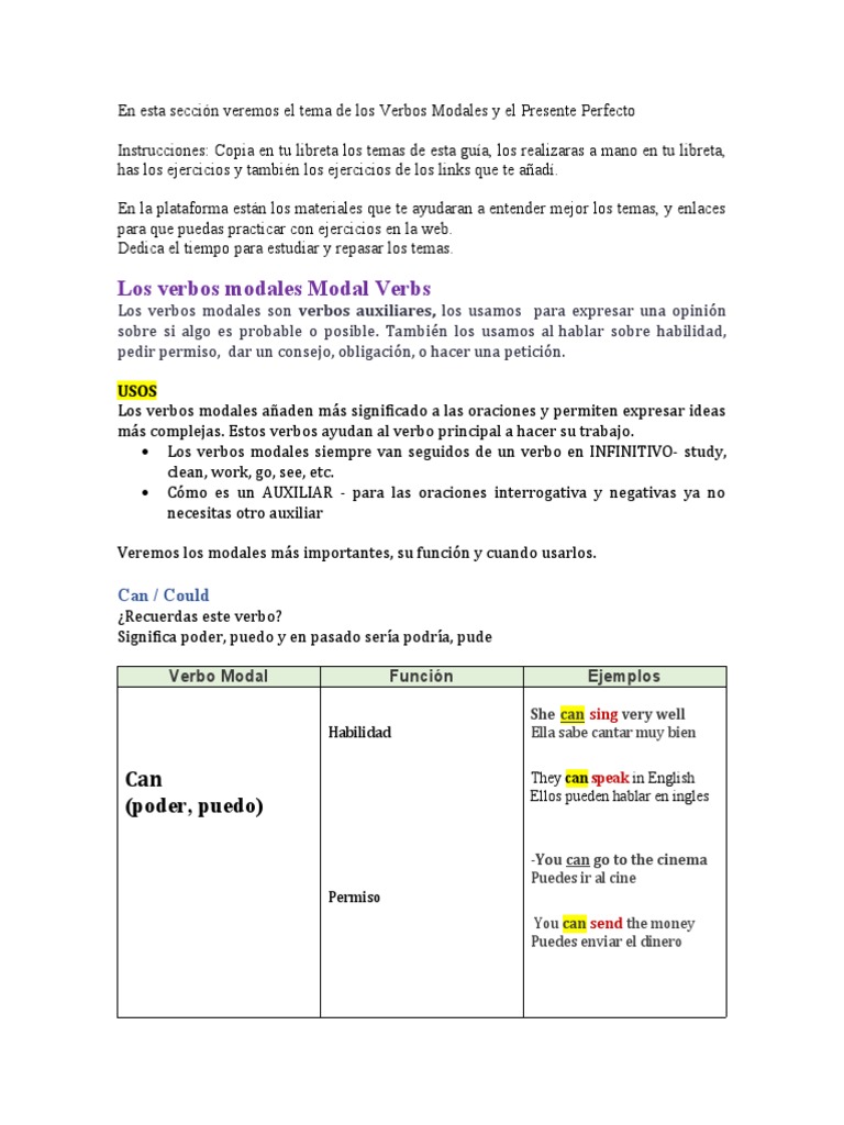GUIA VERBOS MODALES Y PRESENTE PERFECTOdocx | PDF | Verbo | Gramática