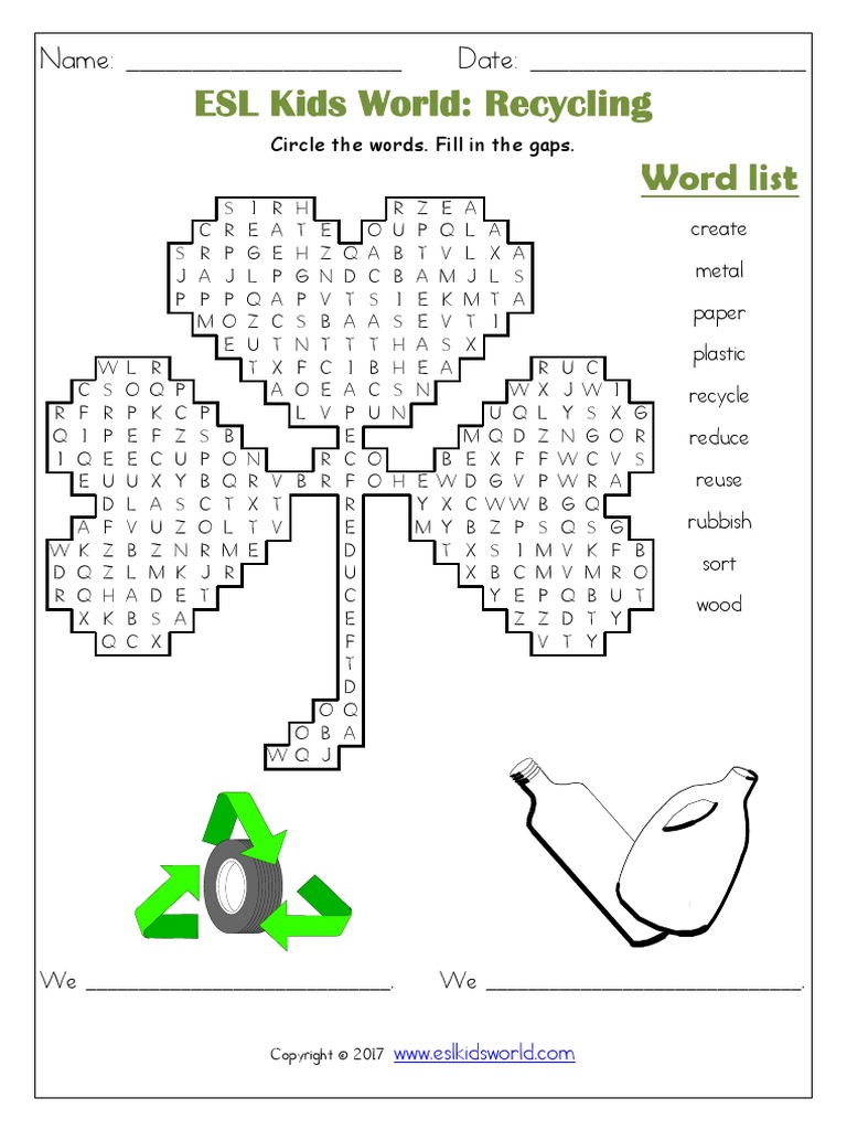 ESL Kids World: Recycling Word List: Name: - Date | PDF | Waste | Nature