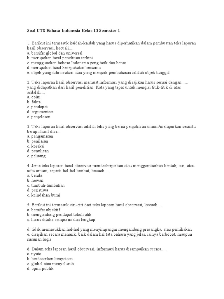 Soal Uts Bahasa Indonesia Kelas 10 Semester 1