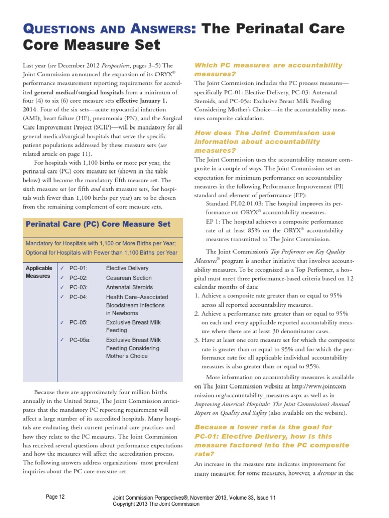 The Perinatal Care Core Measure Set Uestions and Nswers PDF Joint