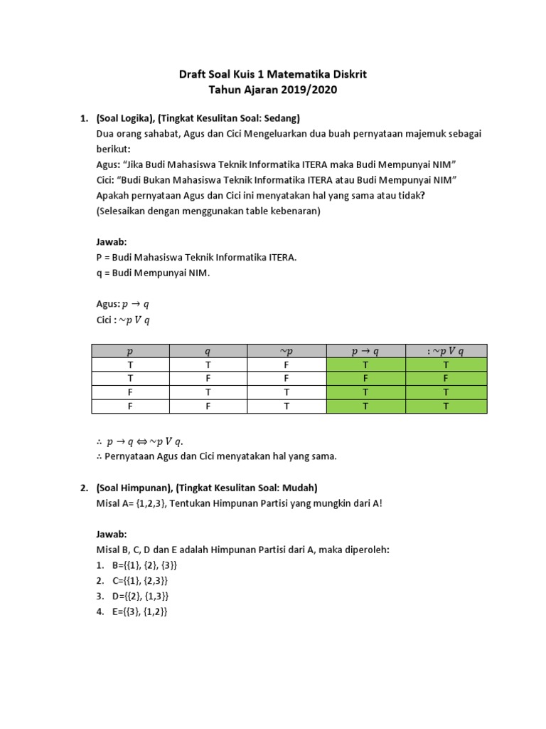 Draft Soal Kuis 1 Matematika Diskrit 3 Soal Pdf