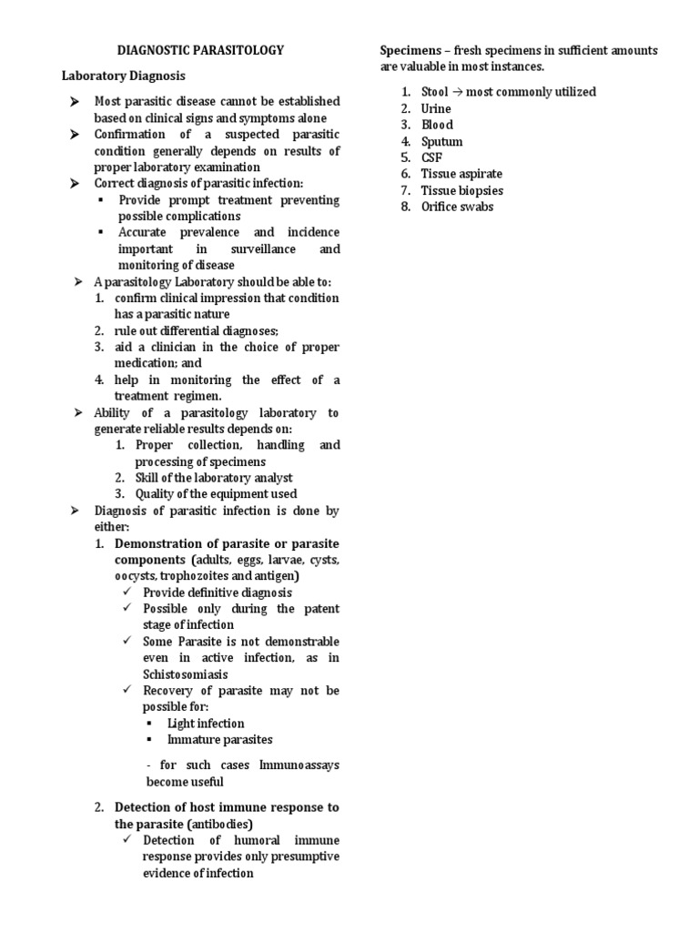Diagnostic Parasitology Laboratory Diagnosis Specimens Fresh