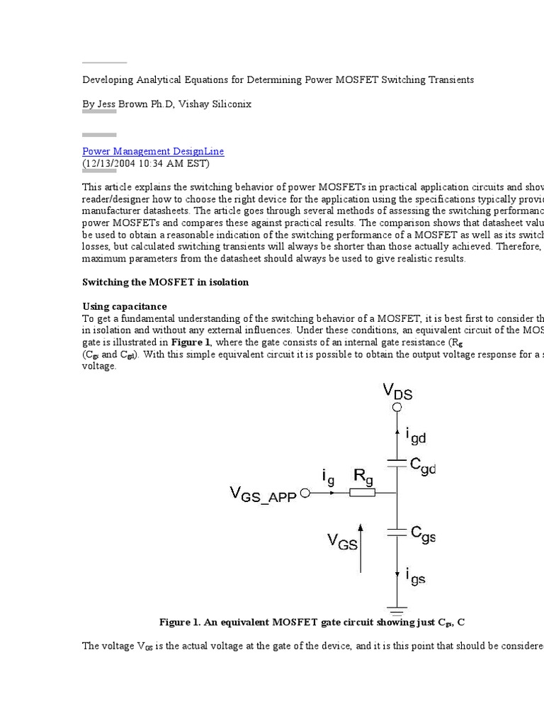 Developing Analytical Equations For Determining Power MOSFET Switching