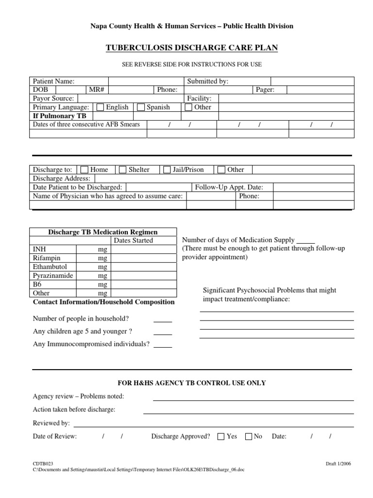Tuberculosis Discharge Care Plan: Napa County Health & Human Services ...