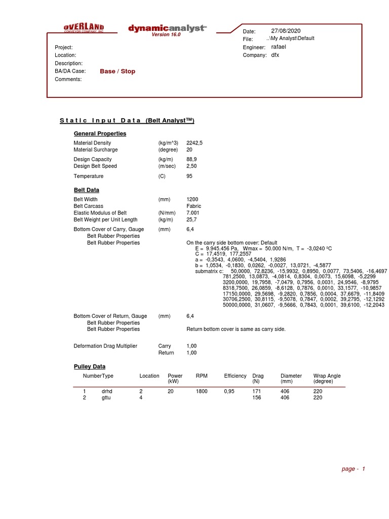 Base / Stop: Static Input Data (Beltanalyst™) | PDF | Belt (Mechanical ...