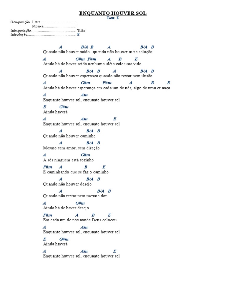 Letra e Cifras de "Enquanto Houver Sol" | PDF